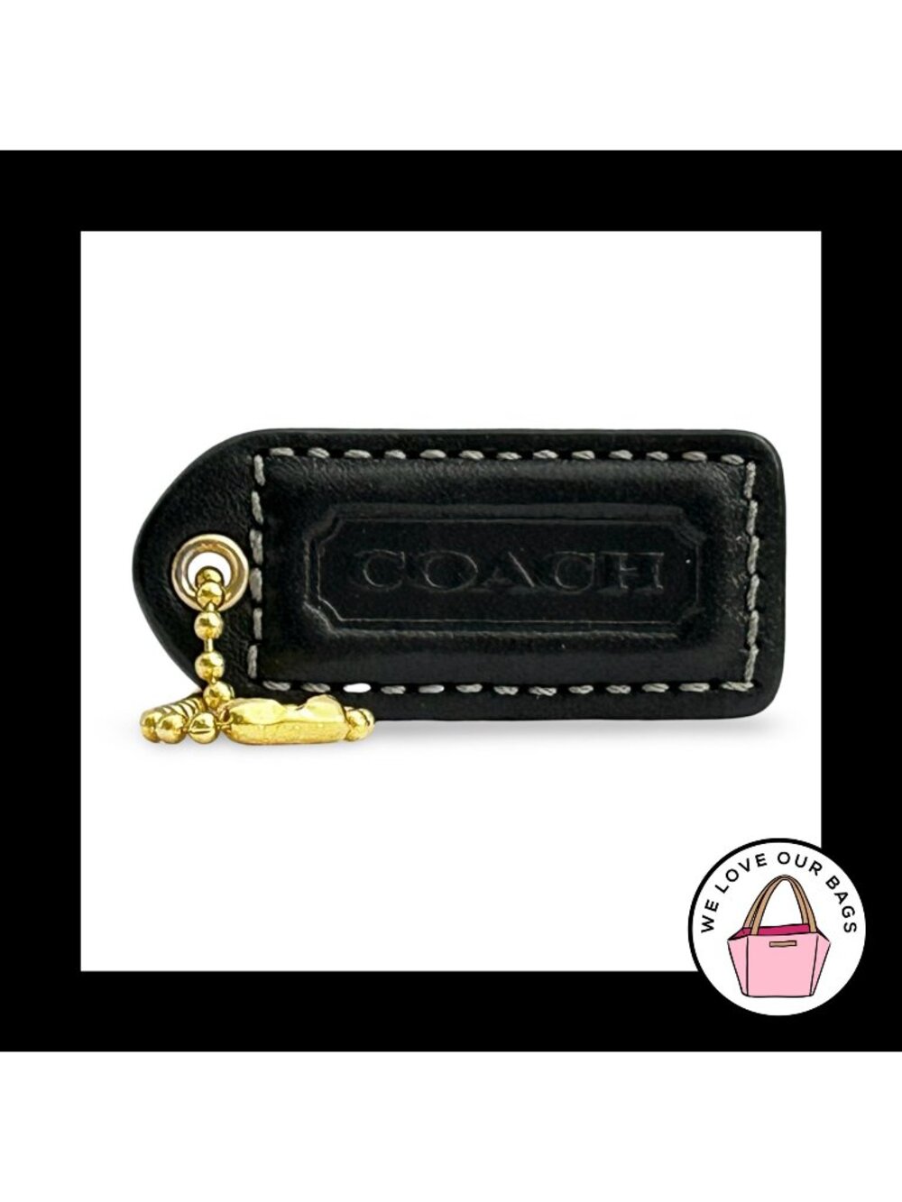 COACH Y2K VINTAGE Hang Tag 2" Black Leather Bag Charm Keychain Fob Brass Medium